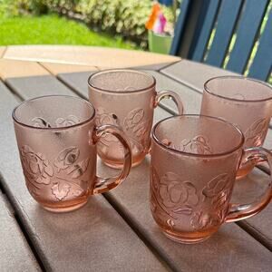 Set of v4 Arcoroc France Pink Floral Glass Mugs